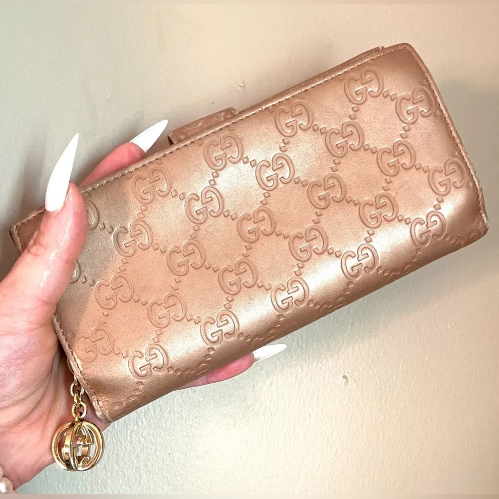 Gucci Guccissima GG Rose Gold Long Bifold Continental Wallet Zip Snap Shima